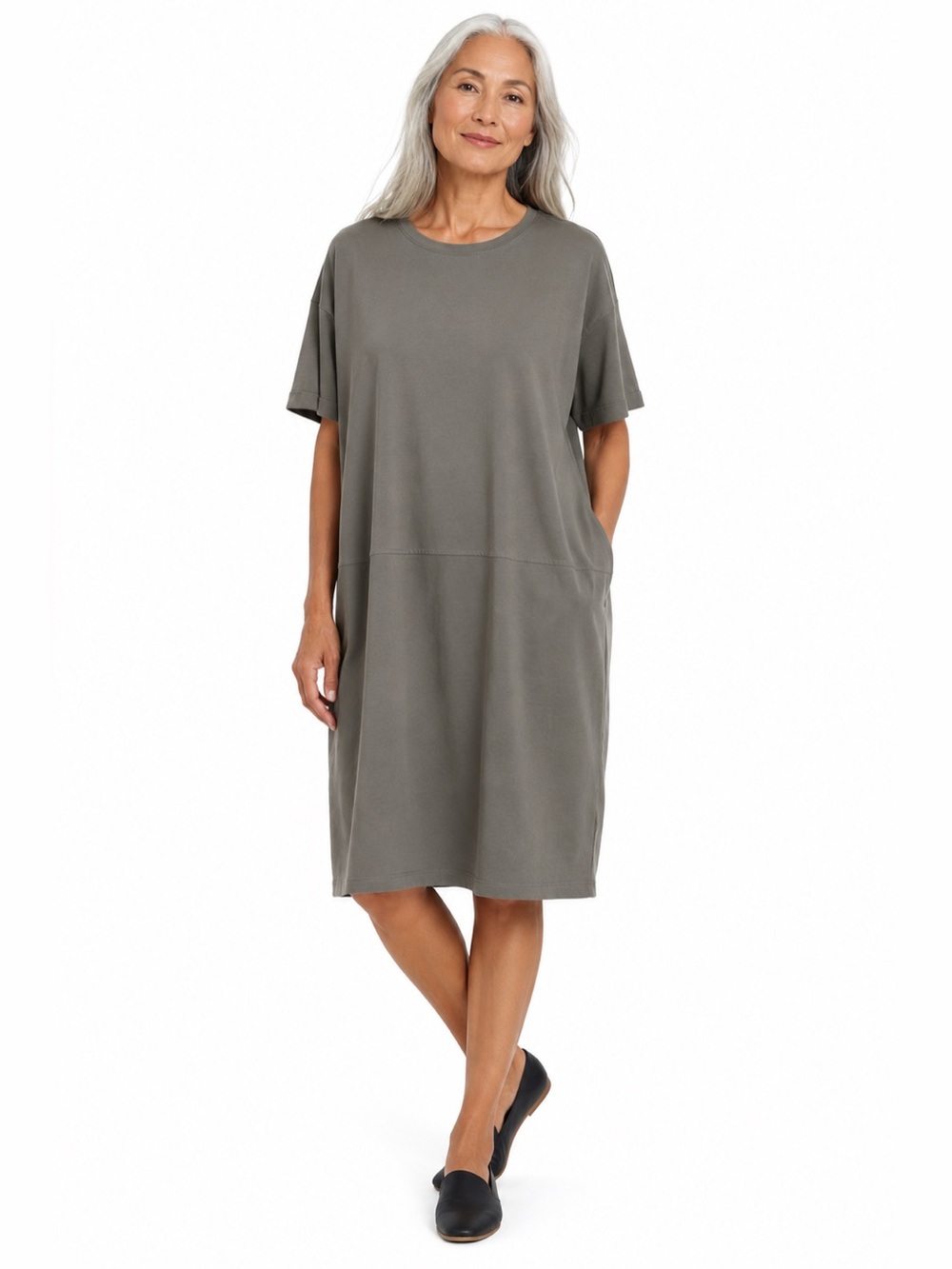 Eileen Fisher Organic Cotton Midi Dress S Olive Minimal Quiet Luxury Capsule